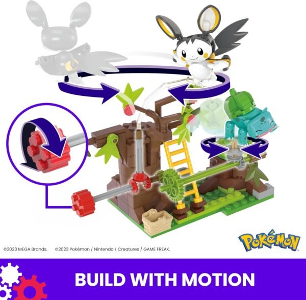 Mega Pokémon Set de Juguetes de Construcción Emolga y Bulbasaur's Charming Woods con 194 Piezas, 2 Personajes Articulados y Movimiento