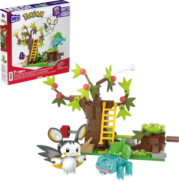 Mega Pokémon Set de Juguetes de Construcción Emolga y Bulbasaur’s Charming Woods con 194 Piezas, 2 Personajes Articulados y Movimiento